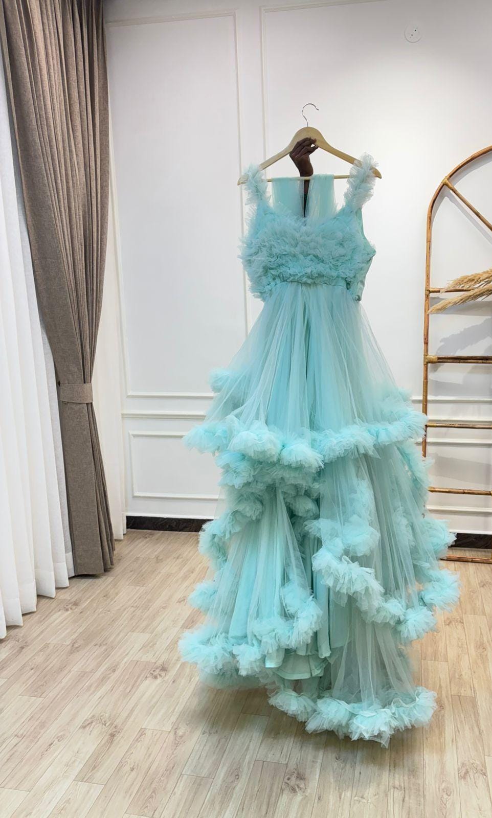 Pista Green Ruffled Rental Gown