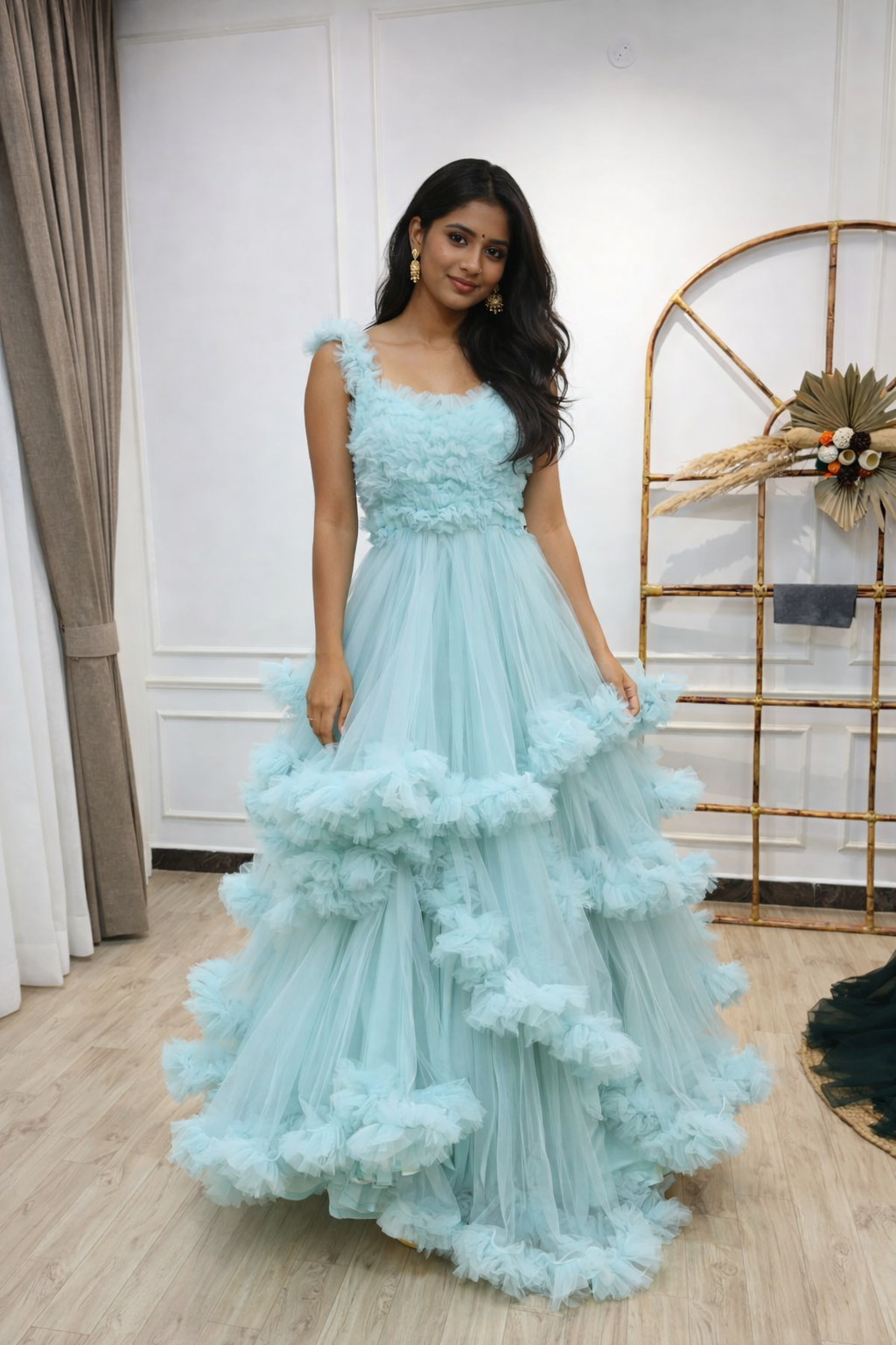Pista Green Ruffled Rental Gown