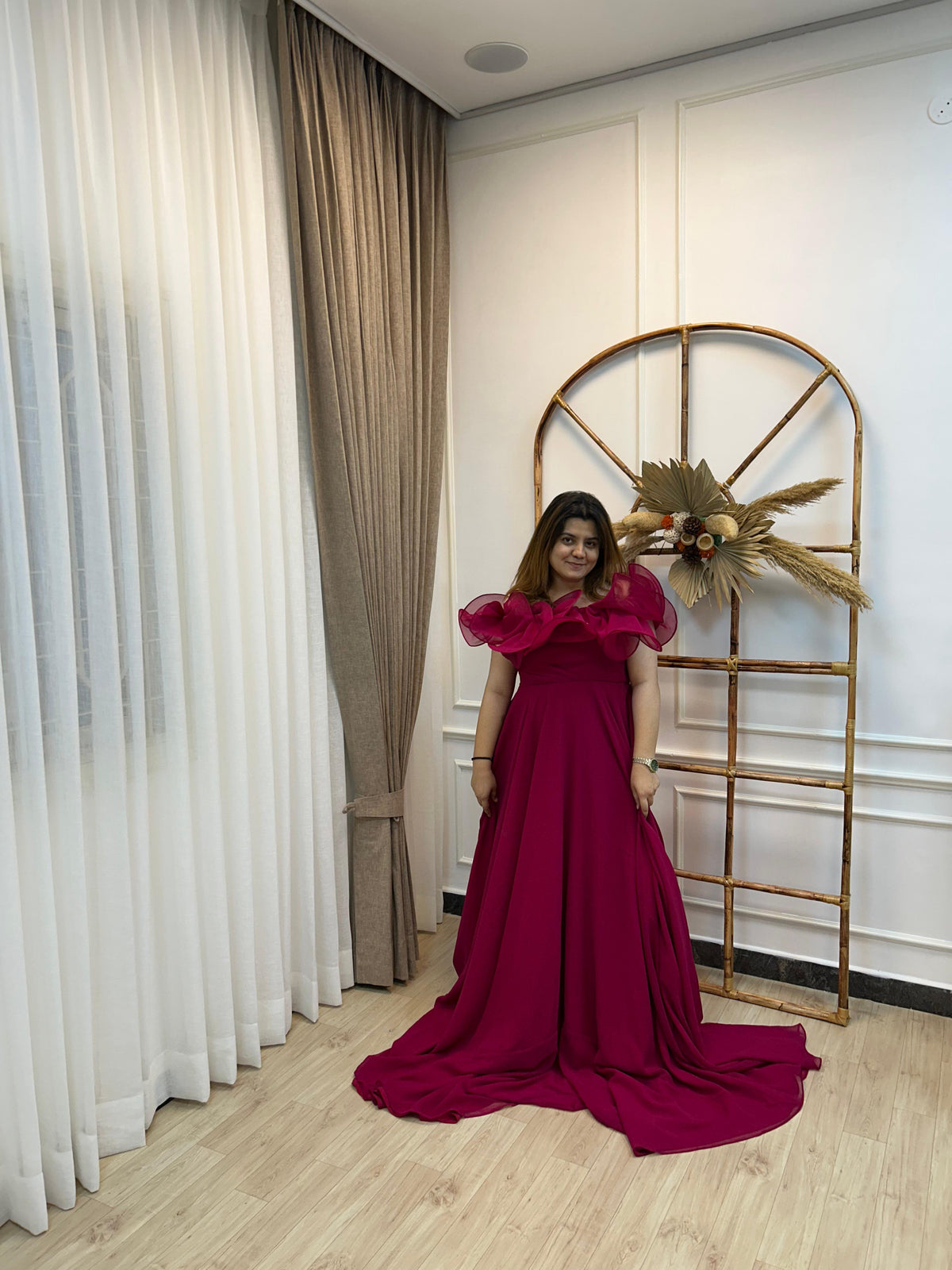 Hot pink frill shoulder Rental Gown