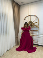 Hot pink frill shoulder Rental Gown